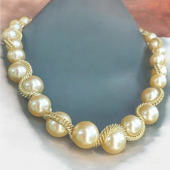 Kenneth J Lane Graduated Faux Pearls Wrapped in Gold Tone Double Chain Necklace